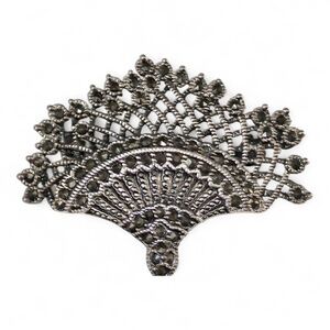 Roman Silver Marcasite Hand Fan Design Brooch Pin Signed 2" length 9.92 grams